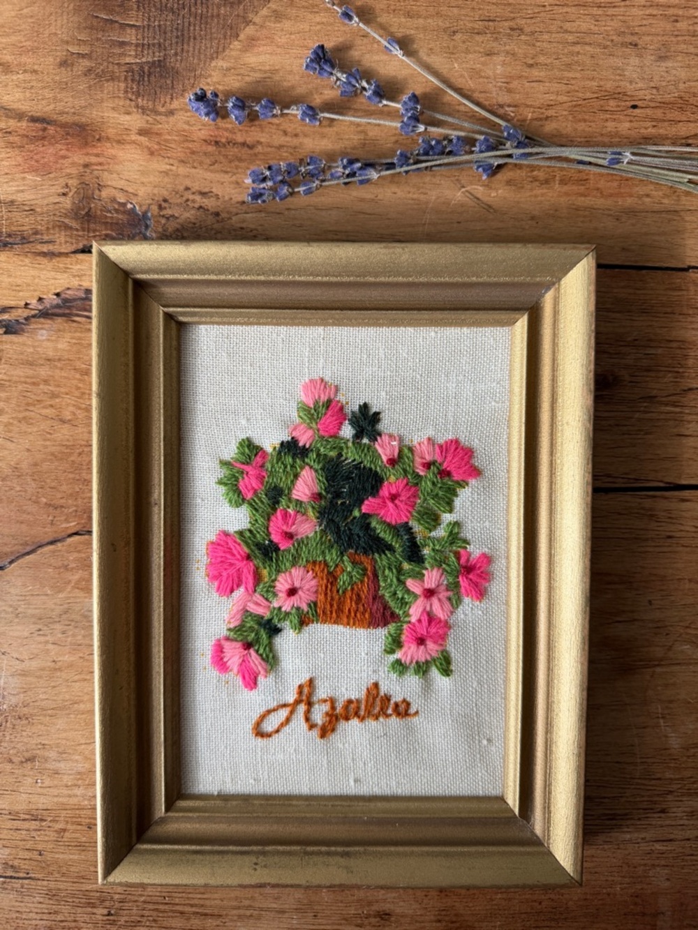 Vintage Framed Floral Embroidery “Azalea” Cottagecore Wall Art
